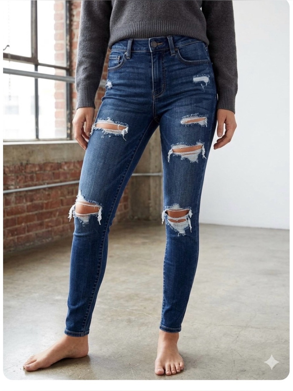 American Eagle Dark Blue Distressed Curvy High-Rise Jeggings Size 0